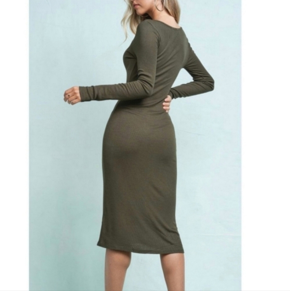 Olive Green Ribbed Knit Long Sleeve Bodycon Midi Dress - Picture 7 of 7